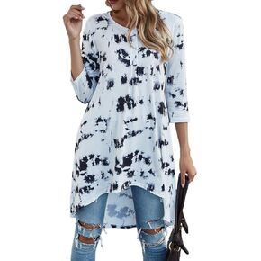 Naggoo Women's 3/4 Sleeve Button V Neck High Low Loose Fit Casual Long Tunic Tops Tee Shirts S-3XL