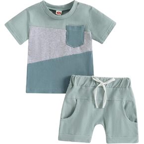 Toddler Baby Boy Summer Outfit Patchwork Plaid Stripe Short Sleeve T Shirt Tops Drawstring Shorts Infant Boy Clothes