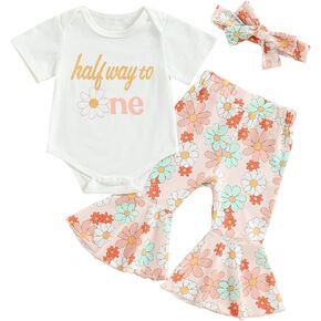 Bonangber Baby Girl Half 1st 2nd Birthday Outfit Short Sleeve Romper/Shirt Top Floral Bell Bottoms Pants Birthday Girl Outfit in Saudi Arabia