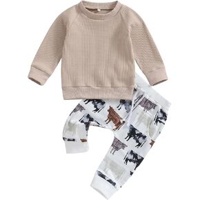 Muasaaluxi Western Baby Boy Clothes Long Sleeve Waffle Crewneck Sweatshirt Cow Print Jogger Pants Cowboy Fall Winter Outfit