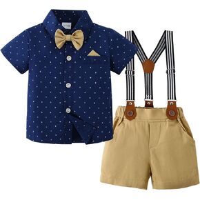 nilikastta Baby Boy Clothes Suits, Toddler Summer Formal Short Shirt+Bowtie+Suspender Shorts sets Gentleman Wedding Outfits