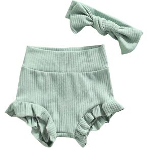 Mubineo Infant Baby Girl Boy Basic Plain Cotton Ruffle Bloomer Shorts Headband Set