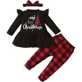 Noubeau My 1st Christmas Baby Girl Outfits Ruffle Santa Tree Print Tunic Drees Shirt Plaid Stripe Pants Fall Clothes