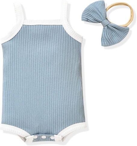HINTINA Preemie Newborn Infant Baby Girls Sleeveless Ribbed Bodysuit Headband Summer Outfits in Saudi Arabia