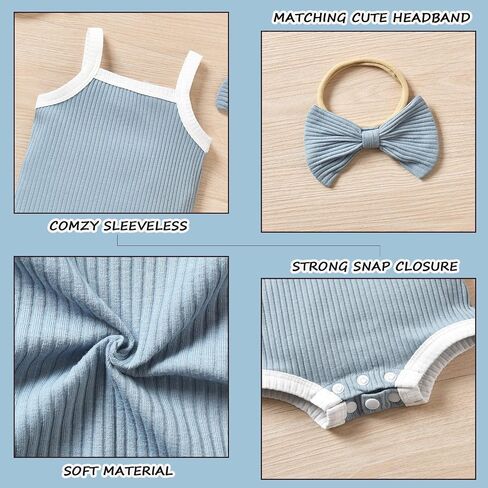 HINTINA Preemie Newborn Infant Baby Girls Sleeveless Ribbed Bodysuit Headband Summer Outfits in Saudi Arabia