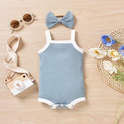 HINTINA Preemie Newborn Infant Baby Girls Sleeveless Ribbed Bodysuit Headband Summer Outfits in Saudi Arabia
