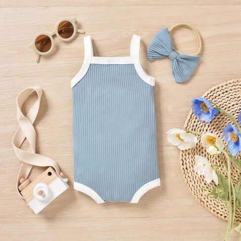 HINTINA Preemie Newborn Infant Baby Girls Sleeveless Ribbed Bodysuit Headband Summer Outfits in Saudi Arabia