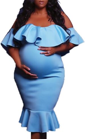 Off The Shoulder Maternity Dress Summer, Elegant Baby Shower Dress Bodycon Mermaid Midi with Ruffle Short Sleeves for Women in Saudi Arabia