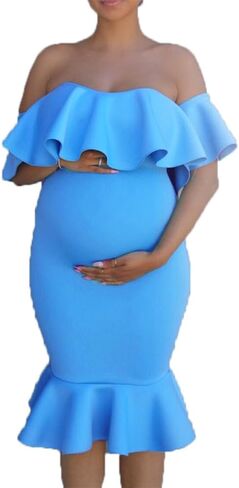 Off The Shoulder Maternity Dress Summer, Elegant Baby Shower Dress Bodycon Mermaid Midi with Ruffle Short Sleeves for Women in Saudi Arabia