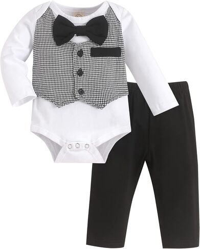 Crazyme Newborn Baby Boy Clothes Gentleman Outfits Long Sleeve Romper Bowtie Tuxedo Suit in Kuwait