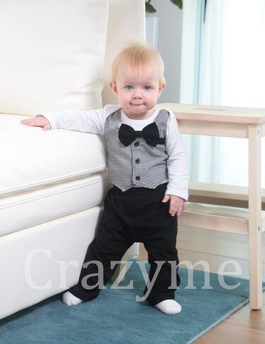 Crazyme Newborn Baby Boy Clothes Gentleman Outfits Long Sleeve Romper Bowtie Tuxedo Suit in Kuwait
