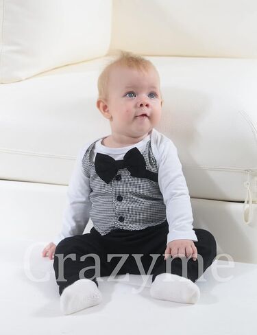 Crazyme Newborn Baby Boy Clothes Gentleman Outfits Long Sleeve Romper Bowtie Tuxedo Suit in Kuwait