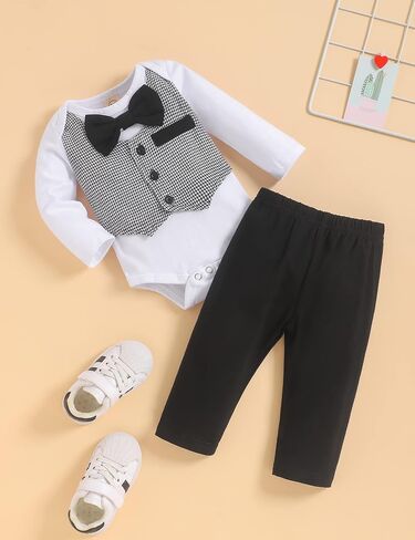 Crazyme Newborn Baby Boy Clothes Gentleman Outfits Long Sleeve Romper Bowtie Tuxedo Suit in Kuwait