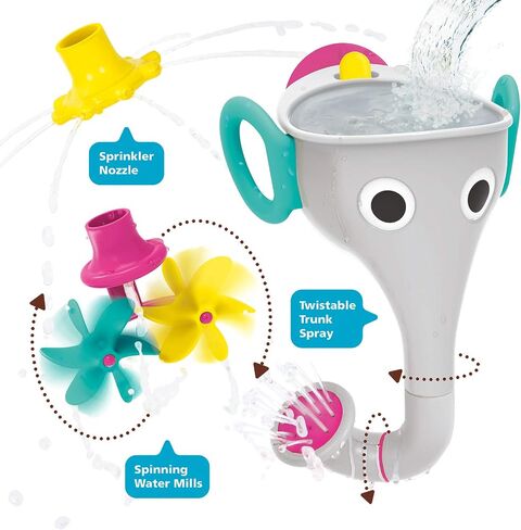 Yookidoo Elephant Trunk Funnel Baby Bath Toy - FunEleFun Fill ‘N’ Sprinkle - Fun and Imaginative Play with 3 Interchangeable Trunk Accessories for Ages 18m+ (Grey) in Kuwait