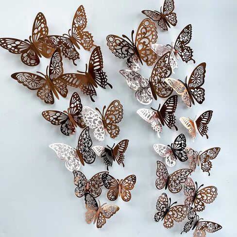 72 قطعة من ملصقات الحائط على شكل فراشة ذهبية وردية ثلاثية الأبعاد لتزيين جدران الفراشة المعدنية DIY ملصقات الطيران للأطفال في غرف نوم الأطفال والحفلات المنزلية والحضانة والمكاتب (زهور ذهبية وردية 3) in Kuwait