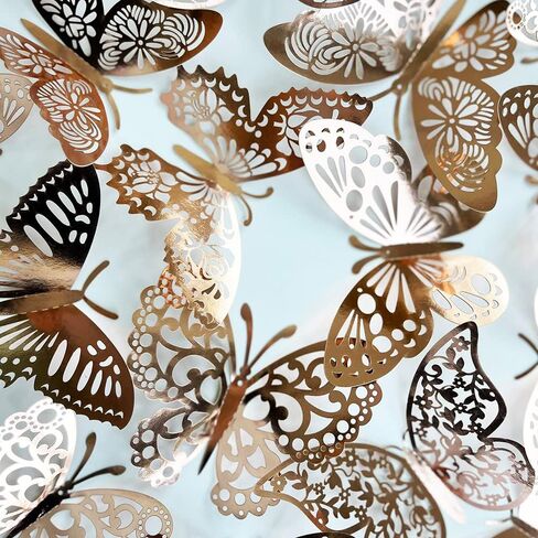 72 قطعة من ملصقات الحائط على شكل فراشة ذهبية وردية ثلاثية الأبعاد لتزيين جدران الفراشة المعدنية DIY ملصقات الطيران للأطفال في غرف نوم الأطفال والحفلات المنزلية والحضانة والمكاتب (زهور ذهبية وردية 3) in Kuwait