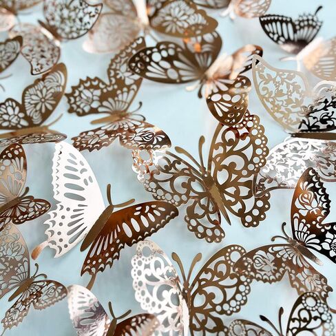 72 قطعة من ملصقات الحائط على شكل فراشة ذهبية وردية ثلاثية الأبعاد لتزيين جدران الفراشة المعدنية DIY ملصقات الطيران للأطفال في غرف نوم الأطفال والحفلات المنزلية والحضانة والمكاتب (زهور ذهبية وردية 3) in Kuwait