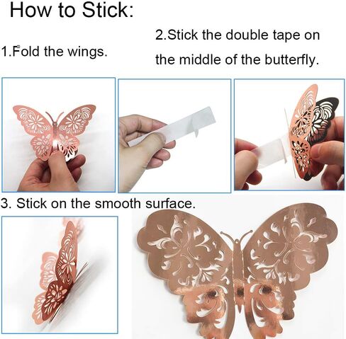 72 قطعة من ملصقات الحائط على شكل فراشة ذهبية وردية ثلاثية الأبعاد لتزيين جدران الفراشة المعدنية DIY ملصقات الطيران للأطفال في غرف نوم الأطفال والحفلات المنزلية والحضانة والمكاتب (زهور ذهبية وردية 3) in Kuwait
