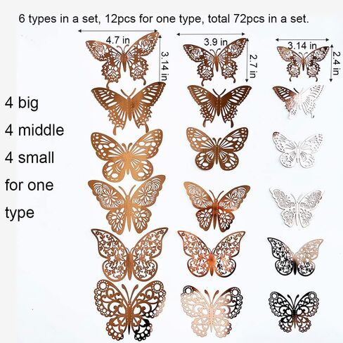 72 قطعة من ملصقات الحائط على شكل فراشة ذهبية وردية ثلاثية الأبعاد لتزيين جدران الفراشة المعدنية DIY ملصقات الطيران للأطفال في غرف نوم الأطفال والحفلات المنزلية والحضانة والمكاتب (زهور ذهبية وردية 3) in Kuwait