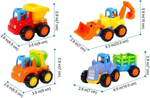 سيارات تعمل بالاحتكاك، لعبة شاحنات الدفع والذهاب، مجموعة ألعاب مركبات البناء للأطفال الصغار من عمر 1 إلى 3 سنوات، شاحنة تفريغ الشاطئ، خلاط الأسمنت، جرافة، جرار، هدايا تعليمية مبكرة، مجموعة من 4 قطع in Kuwait