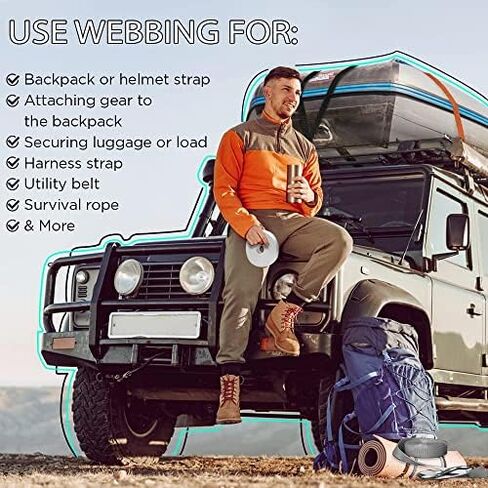 Webbing Strap, 3/4" to 2", 10-50 Yds, Multi-Color Heavy Duty Tape | Polypropylene waterproof flat rope for outdoor DIY, sewing, camping, EDC gear, backpack repair and pet dog leashes. in Kuwait