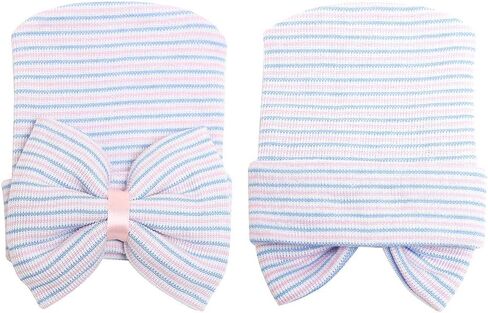 Zando Hospital Newborn Hat Girl with Bow Infant Baby Beanie First Photos | Stretch-cotton knit hats for newborn girls, hospital bags, coming home, nursery, sleep, photos, and baby shower gifts. in Kuwait