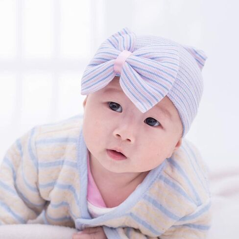 Zando Hospital Newborn Hat Girl with Bow Infant Baby Beanie First Photos | Stretch-cotton knit hats for newborn girls, hospital bags, coming home, nursery, sleep, photos, and baby shower gifts. in Kuwait