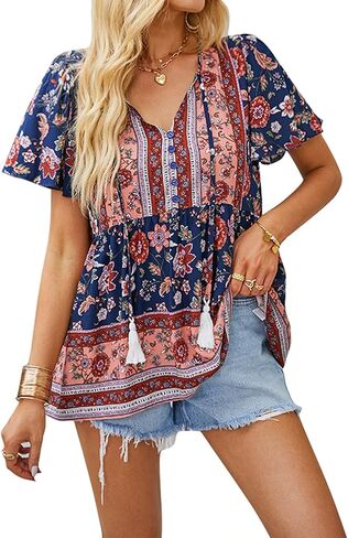 KAYWIDE Women's Floral Print V Neck Ruffle Short Sleeve Summer Shirts Tops Casual Loose Boho Blouses in Saudi Arabia