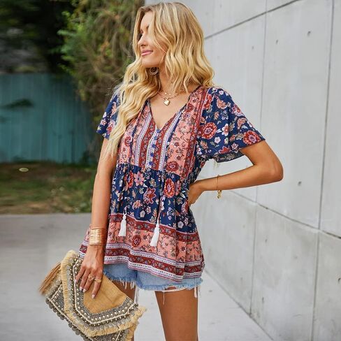 KAYWIDE Women's Floral Print V Neck Ruffle Short Sleeve Summer Shirts Tops Casual Loose Boho Blouses in Saudi Arabia