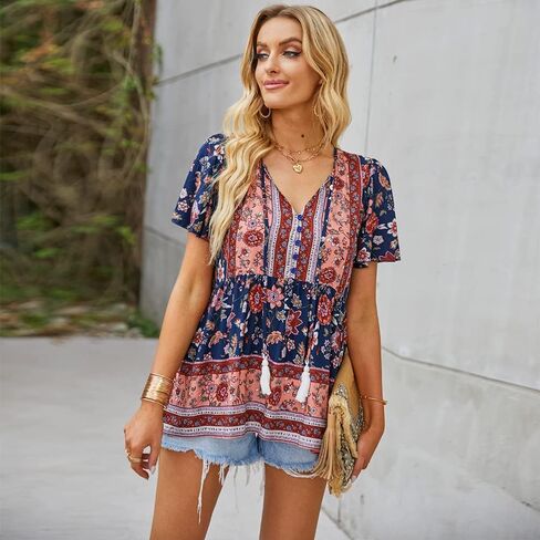 KAYWIDE Women's Floral Print V Neck Ruffle Short Sleeve Summer Shirts Tops Casual Loose Boho Blouses in Saudi Arabia