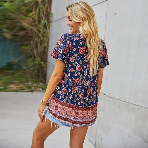 KAYWIDE Women's Floral Print V Neck Ruffle Short Sleeve Summer Shirts Tops Casual Loose Boho Blouses in Saudi Arabia