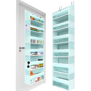 HOMELUX THEORY ترقية قطعة واحدة فوق منظم الباب 55x14x6.7، 6 جيوب أمامية ذات سعة كبيرة و12 جيوب جانبية، منظم تخزين معلق فوق الباب، منظم خزانة أطفال متعدد الاستخدامات - أزرق فاتح