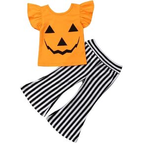 Kayotuas Toddler Baby Girl Halloween Outfit Ghost Ruffle Long Sleeve Shirt Tops + Striped Bell Bottoms Pants Set in Saudi Arabia