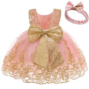 0-6T Big Bowknot Sequins Toddler Baby Girls Embroidered Lace Dresses with Headwear in Saudi Arabia