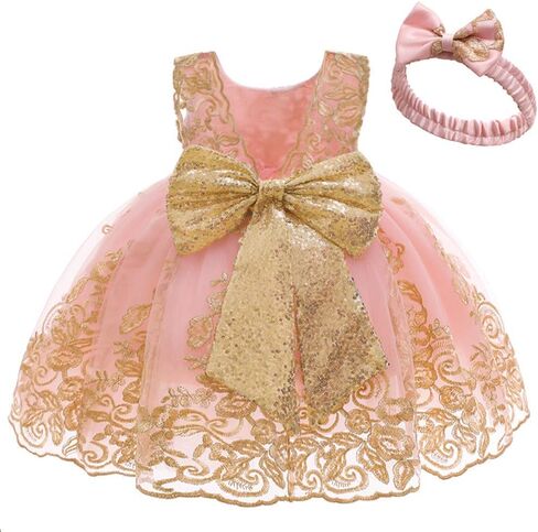 0-6T Big Bowknot Sequins Toddler Baby Girls Embroidered Lace Dresses with Headwear in Saudi Arabia
