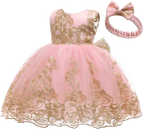 0-6T Big Bowknot Sequins Toddler Baby Girls Embroidered Lace Dresses with Headwear in Saudi Arabia
