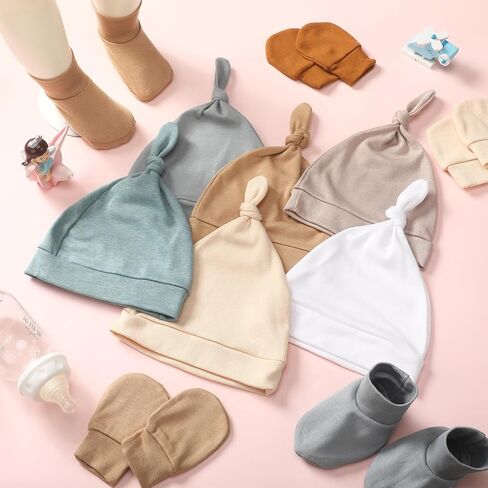 Toulite 10 Set Unisex Baby Hats Mittens and Socks Soft Newborn Knot Beanie Cute No Scratch Mitten Ankle Non Slip Sock for Boys Girls Infant Preemie Hospital, 0-6 Months in Kuwait