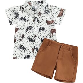 fhutpw Baby Toddler Boy Outfits 2T 3T 4T 5T Clothes Summer Kids Pattern Short Sleeve Button Down Shirt & Shorts Set in Saudi Arabia
