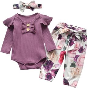 Joy Duck Newborn Infant Baby Girl Clothes Ruffle Long Sleeve Romper and Floral Pants with Headband 3PCS Set in Saudi Arabia
