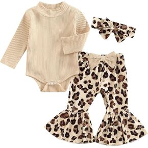 fhutpw Baby Girl Clothes Newborn 3 6 12 18 Months Fall Outfits Ruffle Knitted Long Seeve Romper Top & Flare Pants Sets