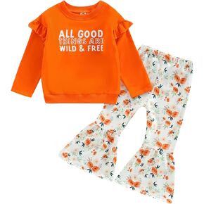 Madjtlqy Toddler Baby Girls Outfits Long/Short Sleeve Cartoon Cow Head Print Top & Flare Pants Set Kids Clothes in Kuwait