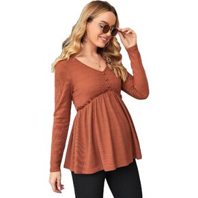Cozyease Women's Frill Trim Rib Knit V Neck Maternity T Shirt Casual Long Sleeve Maternity Tee Top in Saudi Arabia