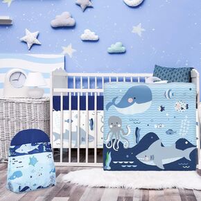 Rtteri 4 Pieces Baby Crib Bedding Set, Nursery Bedding Standard Size Soft Baby Bedding Set Including Crib Skirt, Blanket, Sheet and Diaper Stacker for Girls and Boys(Whale) in Saudi Arabia