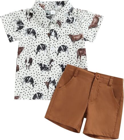 fhutpw Baby Toddler Boy Outfits 2T 3T 4T 5T Clothes Summer Kids Pattern Short Sleeve Button Down Shirt & Shorts Set in Kuwait