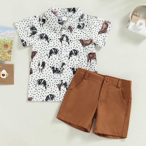 fhutpw Baby Toddler Boy Outfits 2T 3T 4T 5T Clothes Summer Kids Pattern Short Sleeve Button Down Shirt & Shorts Set in Kuwait