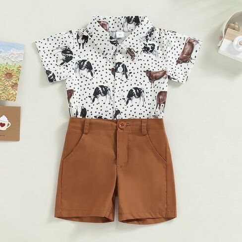 fhutpw Baby Toddler Boy Outfits 2T 3T 4T 5T Clothes Summer Kids Pattern Short Sleeve Button Down Shirt & Shorts Set in Kuwait