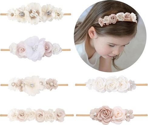6PCS Baby Girls Headbands Flower Hairbands Nylon Elastic Head bands Newborn Hair Bows Hair Accessories Gifts for Infant Toddlers in Saudi Arabia