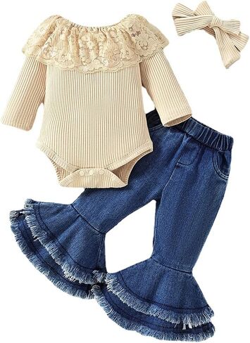 Baby Girl Clothes Set Lace Ruffle Romper Flare Denim Jean Pants and Headband 3Pcs Set Newborn Infant Outfits Set in Saudi Arabia