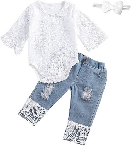 Baby Girl Clothes Set Lace Ruffle Romper Flare Denim Jean Pants and Headband 3Pcs Set Newborn Infant Outfits Set in Saudi Arabia