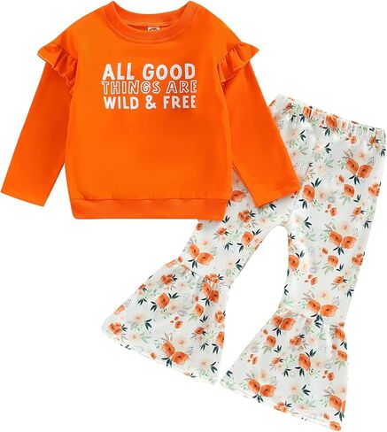 Madjtlqy Toddler Baby Girls Outfits Long/Short Sleeve Cartoon Cow Head Print Top & Flare Pants Set Kids Clothes in Kuwait